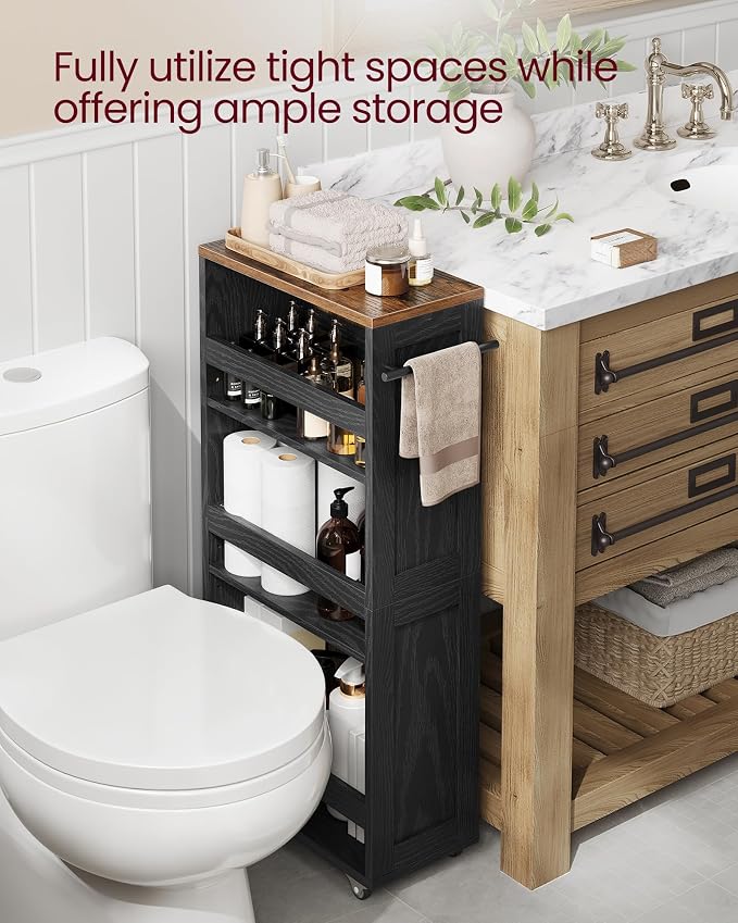 VASAGLE 4-Tier Slide-Out Storage Cart, Slim Kitchen Cart for Small Spaces, with Wheels, Handle, Bathroom, Laundry Room, 7.9 x 17 x 34.1 Inches, Ebony Black and Rustic Brown ULRC051K02 - Image 5