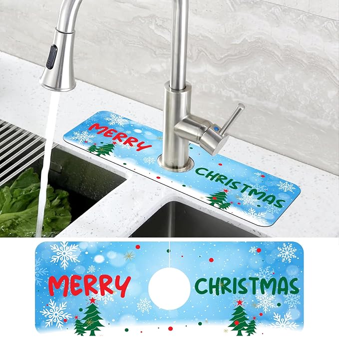 Christmas Tree Snowflakes Dish Drying Mat for Kitchen Sink Splash Guard Behind Faucet Sink Mat Absorbent Fast Drying Faucet Draining Mat for Bathroom Kitchen 5.5"×15" - Image 4