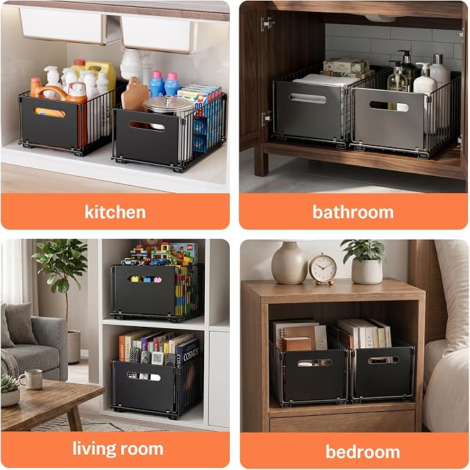 Pull Out Spice Racks for Inside Cabinets, Heavy Duty Under Sink Pull Out Organizer 2 Pack, Slide Out Drawers for Kitchen Cabinets, Bathroom, Pantry Organizers, 14.6”D x 9.6" W x 7" H, Black - Image 8