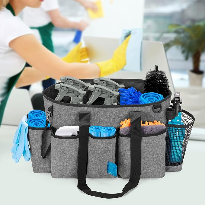 LoDrid Professional Cleaning Tote Caddy for Cleaning Supply, Gray | Cleaning Bag Organizer with Dividers and Handle Strap for Housekeepers Work, Bag Only - Image 3