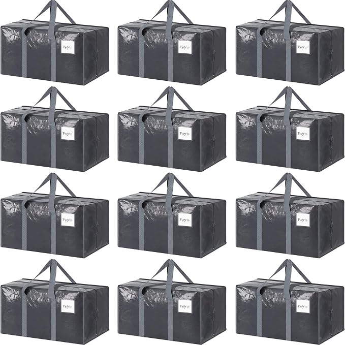 12 Pack Extra Heavy Duty Large Moving Bags with Strong Zipper, Gray | Comfortable Handles, Sturdy & Durable Clothes Storage Bags Totes Bins, Blue Packing Moving Boxes for College Supplies by Fygrip