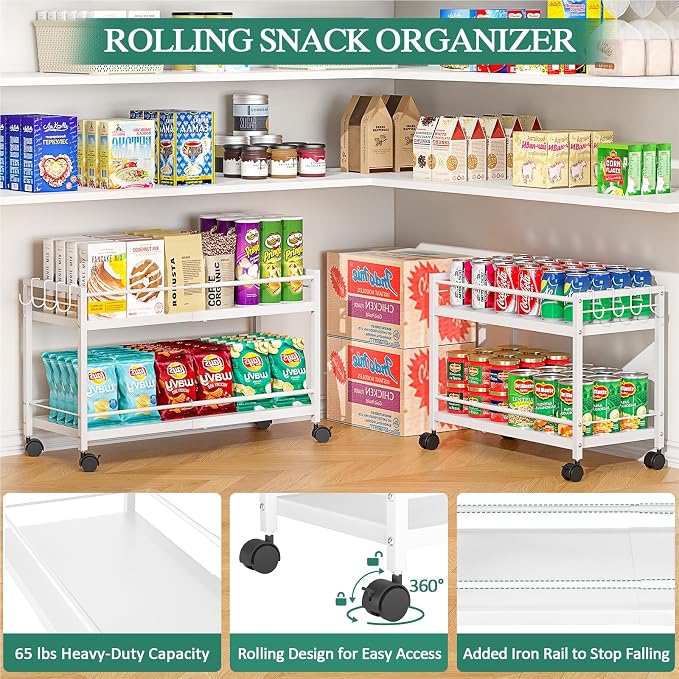 2 Pack 2-Tier Expandable Rolling Pantry Cart with Wheels, Adjustable Floor Organizer for Kitchen Pantry, Can Organizer for Pantry, Storage Cart for Snack, Food, Vegetables, White, Patent Pending - Image 6