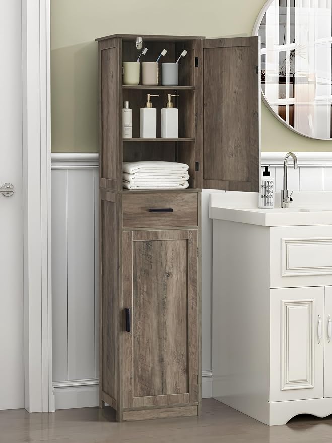 usikey 67'' Tall Storage Cabinet, Narrow Bathroom Floor Storage Cabinet with 4 Shelves & 2 Doors, for Bathroom, Living Room, Rustic Gray - Image 6