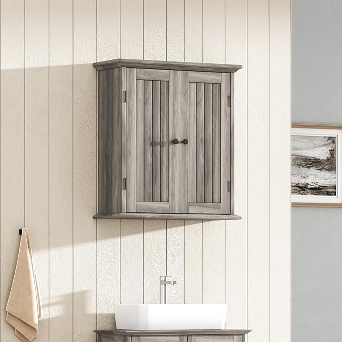 ChooChoo Bathroom Wall Cabinet with 2 Doors, Over The Toilet, Farmhouse | 8.8"D x 21.1"W x 24"H, Medicine Cabinet, Adjustable Shelves, Cupboard, Retro Grey - Image 5