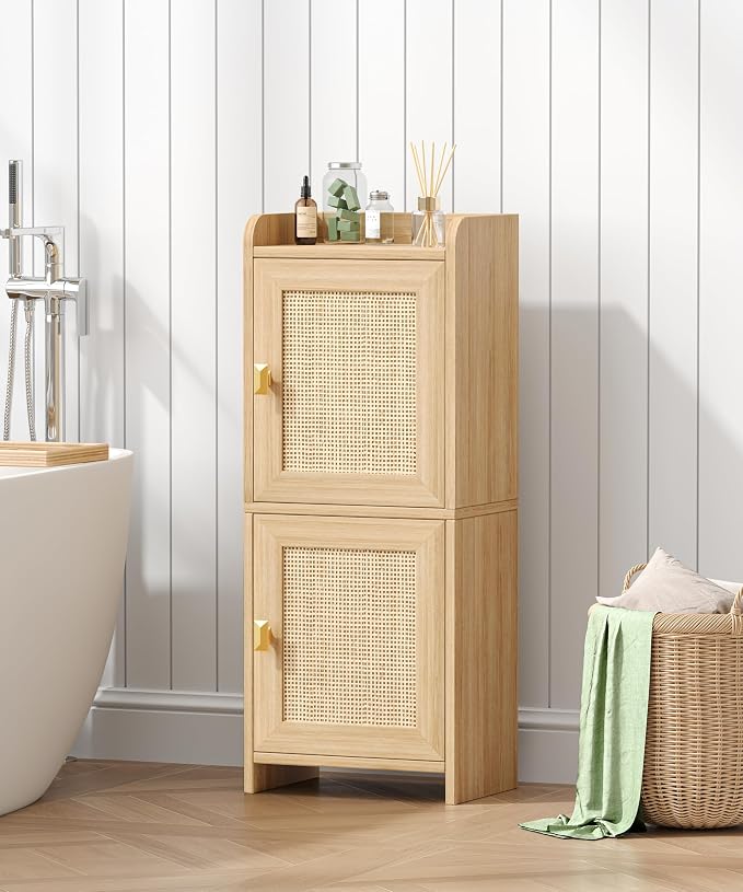 Akxomel Rattan Small Bathroom Cabinet Narrow Toilet Paper Organizer Oak | 7.9''D x 11.8''W Bathroom Organizer and Storage Cabinet for Small Space, Slim Corner Unit with Adjustable Shelf - Image 5