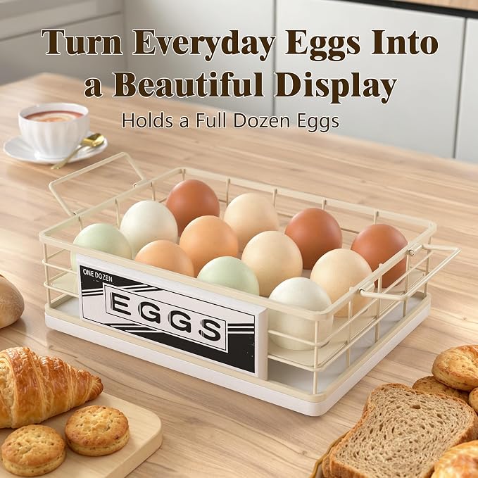 Farmhouse Egg Holder Countertop, Oak Wood & Metal Egg Basket with Handles | Stackable Rustic Egg Tray Organizer for Kitchen Counter, Holds 12 Eggs, Removable Divider for Fresh Egg Storage, White - Image 2