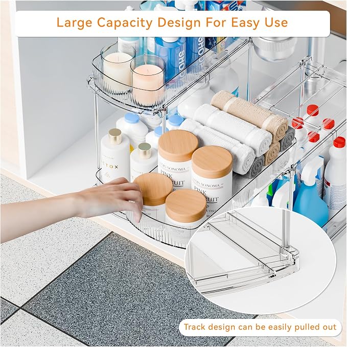 2 Pack 13.8″ Deep 2 Tier Under Sink Storage Organizer,Large Pull Out Bathroom Organizers and Storage,Slide Out Acrylic Undersink Storage Shelf,Kitchen Under Sink Organizer for Cleaning Products - Image 4