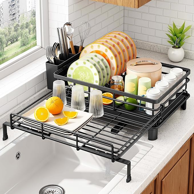 SAYZH Expandable Dish Drying Rack for Kitchen Counter, Metal, Black | Foldable Over Sink, Large Capacity, Rust-Resistant, Adjustable for Most Sinks, Automatic Drainage, Removable Utensil Holder by SAYZH