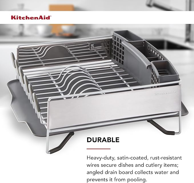KitchenAid Compact, Space Saving Rust Resistant Dish Rack with Removable Flatware Caddy and Angled Self Draining Drainboard, 16.06-Inch, Black - Image 9