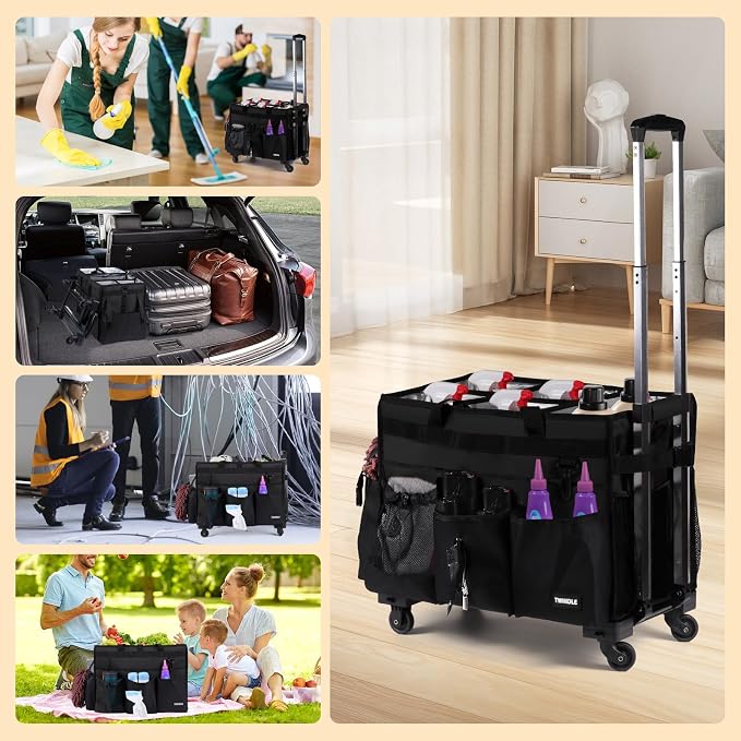 Extra-Large Rolling Cleaning Caddy with Wheels,Cleaning Caddy Bag with Detachable Trolley,Water Resistant Lining Cleaning Supply Organizer with Handle for Cleaners,Housekeepers (Black) - Image 7