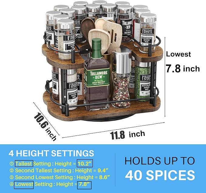 SNTD Lazy Susan Spice Rack Organizer for Cabinet, Wood, Vintage, 12 in | Rotating Turntable, Height Adjustable, Space-Saving D-Shape Design, Revolving Spice Storage for Kitchen Countertop Pantry - Image 6