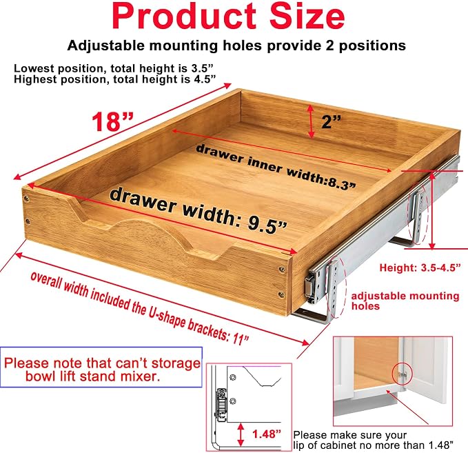 DINDON Pull Out Cabinet Organizer (11" W x 18" D) 1 Tier，Single Tier Oak Wood Under Cabinet Slide Out Shelf Drawer Box… - Image 2