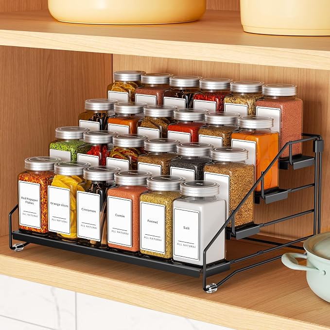 BOIVSHI 4 Tier Spice Rack for Cabinet, Spice Rack Organizer, Depth Adjustable Spice Holder for Countertop, Cupboard, Pantry, Seasoning Shelf, Metal, Black (1 Pack) - Image 2