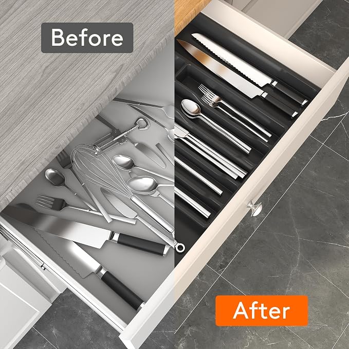 Lifewit Extra Large Silverware Drawer Organizer, Expandable Utensil Tray | BPA Free Flatware Cutlery Holder for Kitchen, Adjustable Plastic Storage for Spoons Forks Knives, 13-22.4 x 16.7", Black - Image 6