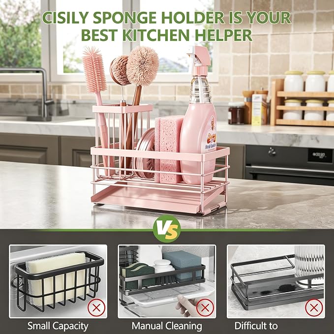 Cisily Pink Sink Caddy Sponge Holder for Kitchen with Brush Holder and Stainless Steel Self Drain Tray, Rustproof Kitchen Sink Organizer for Sponge, Soap Dispenser Storage Accessories - Image 5
