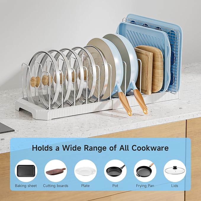 MUDEELA Pots and Pans Organizer under Cabinet, Pan Pot Organizer Inside Cabinet, Expandable 12.9''-21.88'' Pot Lid Organizer Holder with 12 Adjustable Dividers for Cutting Boards, Pan Lid Rack, White - Image 3