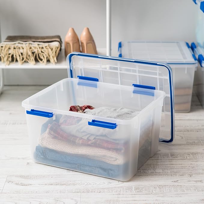 IRIS USA 2-Pack 44 Qt Storage Bins with Gasket Lids, Clear/Blue | WeatherPro seal helps protect bulky items for moving, garage, attic and basement storage - Image 3