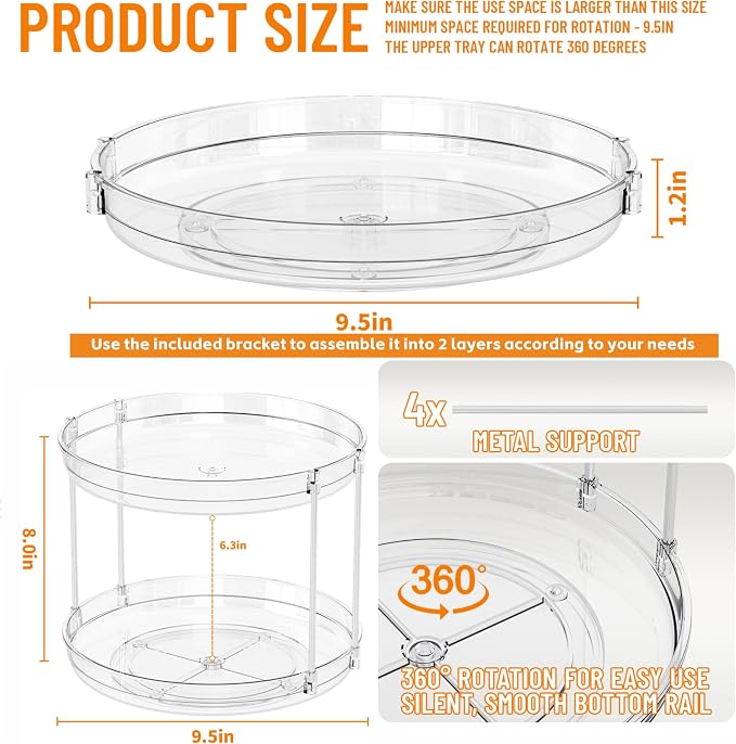 SUOXING 2 Pack Rotating Small Lazy Susan Turntable for Cabinet,9.5 Inch Clear Acrylic Spice Rack,Turntable Organizer for Refrigerator,Kitchen,Pantry and Vanity Makeup,Bathroom Countertop Organizer - Image 3