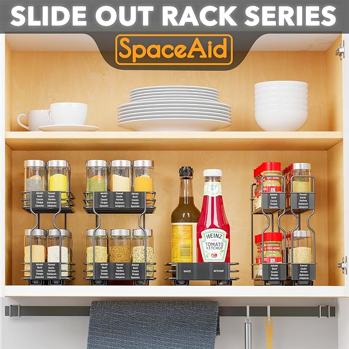 SpaceAid Pull Out Spice Rack Organizer for Cabinet, Heavy Duty Slide Out Seasoning Kitchen Organizer, Cabinet Organizer, with Labels, 5.2" W x10.75 D x10 H, 2 Drawers 2-Tier - Image 3