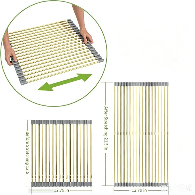 Expandable Large Draining Rack, Roll Up Heat-Resistant Dish Drainer for Stainless Steel Sinks, Collapsible Over The Sink Rack Non-Slip Silicone Rolling Up Rack Gold 18 Tube - Image 2