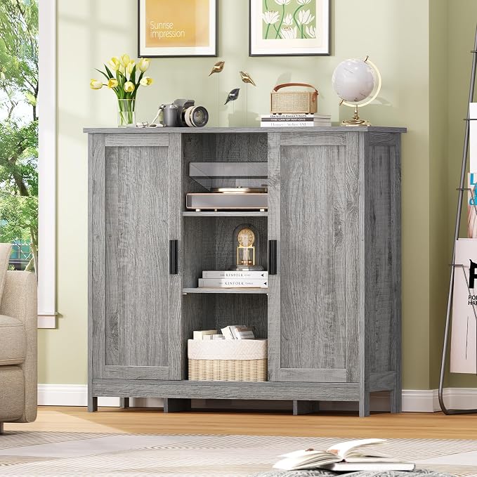 Iwell Storage Cabinet with 2 Doors and 4 Adjustable Shelves, Buffet Cabinet with Storage, Floor Cabinet for Living Room, Entryway, Kitchen, Rustic Gray - Image 9