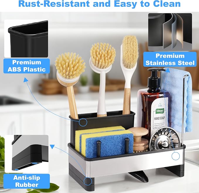 Sponge Holder for Kitchen Sink Caddy Organizer, Dish Brush Holder | Stainless Steel Sponge Caddy for Kitchen Countertop Organizer, Rustproof Dish Soap and Sponge Rack with Dishcloth Drying Rack - Image 4