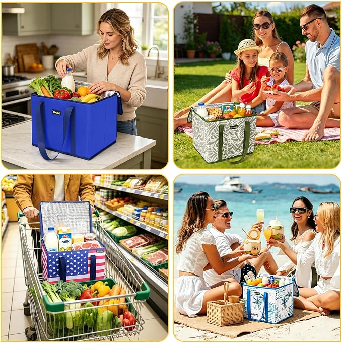 BALEINE 3PK Insulated Reusable Grocery Bag, Heavy Duty Shopping Tote | Foam & Foil Insulation, 9" Long Handles, Reinforced Bottom Keeps Upright, Fold Flat Storage, Water-Resistant Shopping Bag - Image 2