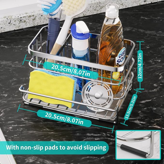 HapiRm Kitchen Sink Organizer, SUS304 Stainless Steel Rustproof Multifunctional Large Sink Caddy with Sponge Holder and Drain Tray for Kitchen Countertop (Silver) - Image 4