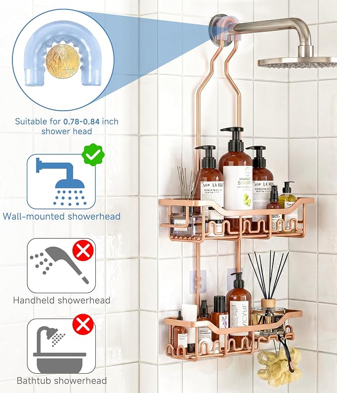 Upgraded Extended Length Shower Organizer with Hooks, Rustproof Shampoo Soap Holder, Large Hanging Bathroom Caddy, Rose Gold - Image 4