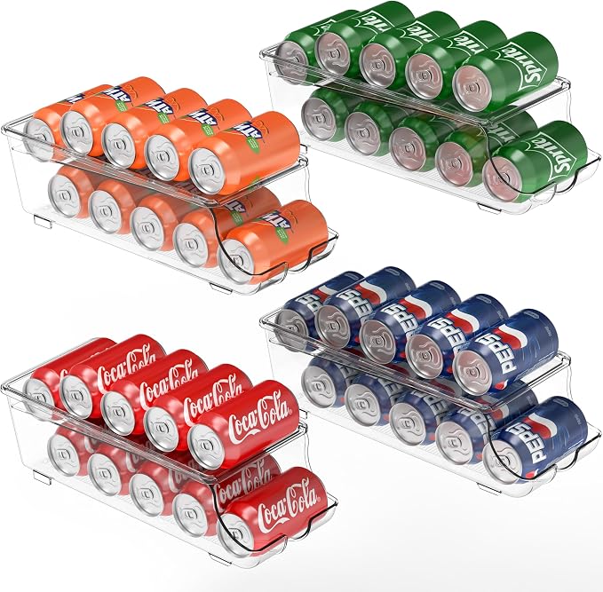 Simple Houseware 4-Pack Auto-Rolling Beverage Can Organizer for Fridge | Clear, Set of 4, Front-Loading Soda Dispenser with Smooth Glide Design, Space-Saving Refrigerator Storage Bins by SimpleHouseware