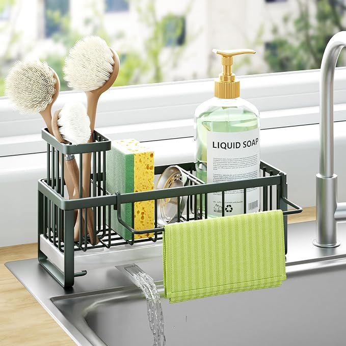 HapiRm Sponge Holder for Kitchen Sink - Self-draining Sink Caddy with Brush and Dishcloth Holders, Stainless Steel Kitchen Organizer for Countertop - Green by HapiRm