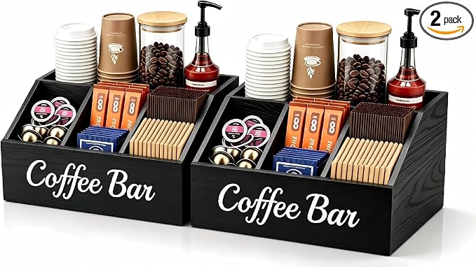 2 Pack Coffee Station Organizer for Countertop – Wooden Coffee Bar Organizer with Adjustable Dividers,Holds K Cup Pod & syrup bottles, for Kitchen, Office, or Bar and Tea Station, Black by Unknown