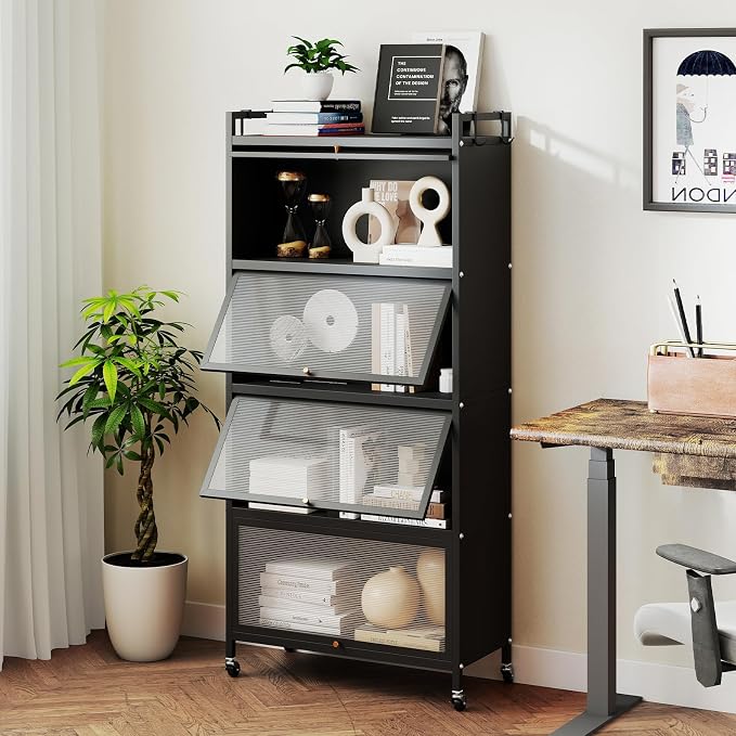 GIANTEX 5-Tier Kitchen Storage Cabinet, 4 PC Doors, Rolling Wheels (Black) | Mobile Metal Pantry Cabinet with 4 Hooks & Adjustable Feet, 60" Baker's Rack Microwave Stand for Dining & Living Room - Image 9