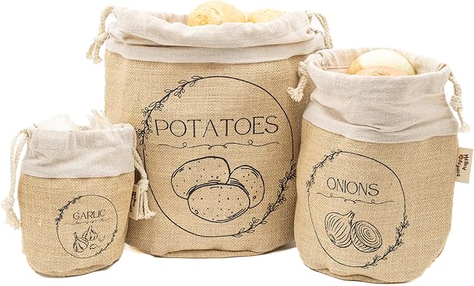 Potato Storage Bag | Natural Jute Potato Onion Garlic Storage Set for Pantry | Breathable & Fresh Onion Potato Storage | Easy to Clean Potato and Onion Storage Bag | Air Flow, Light Blocking by MellowBegonia