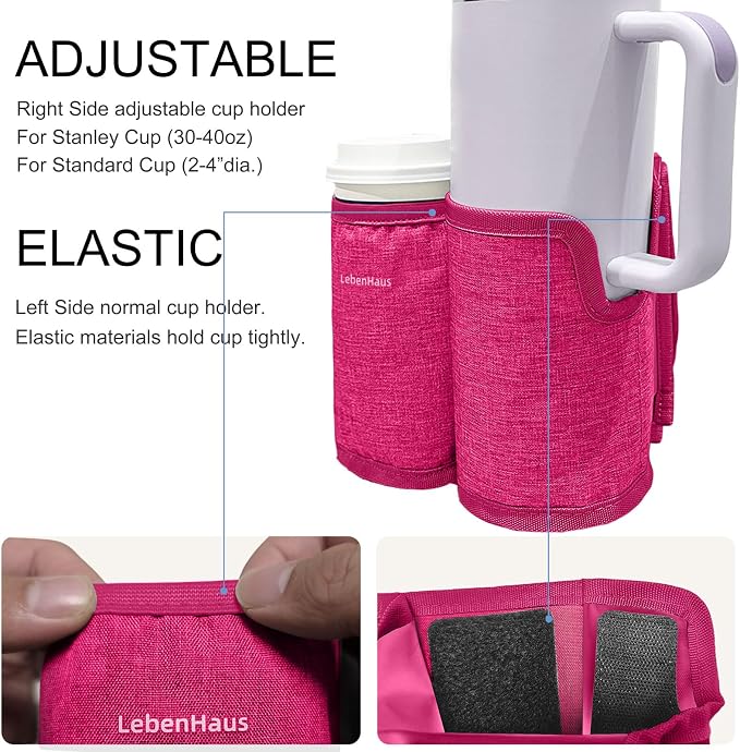 2 in 1 Luggage Cup Holder for Suitcase Airplane Drink Carrier Travel (Pink) | airplane cup holder|washable material|portable|for stanley cup|Hands Free|Coffee Beverage Organizer Gifts for Travelers - Image 4