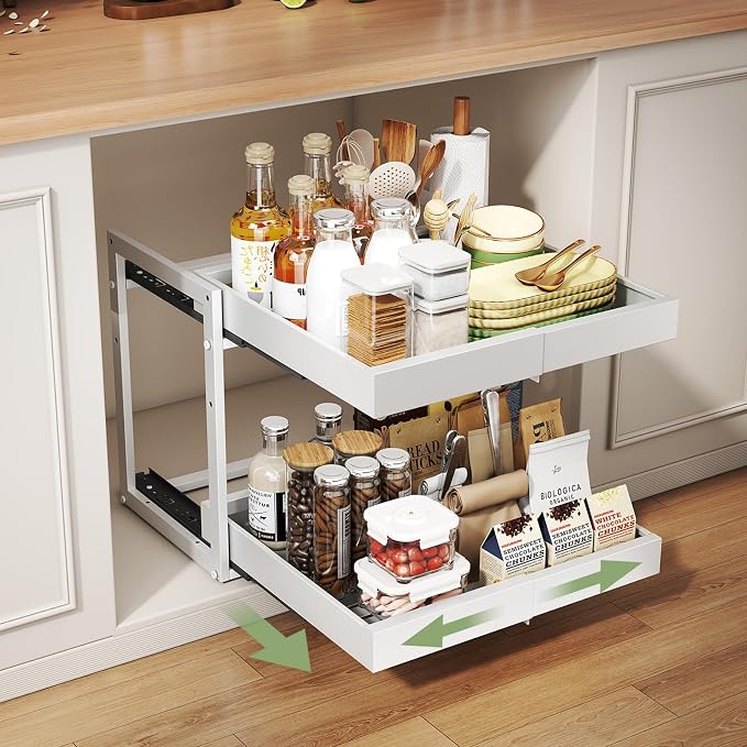 Abalter Expandable Pull Out Cabinet Organizer, 2-Tier Slide Out Drawer for Kitchen Cabinets, Adjustable Width 12–18.5", Slide Out Shelves for Kitchen, Bathroom, Pantry, Heavy Duty Caddy(White) by Abalter