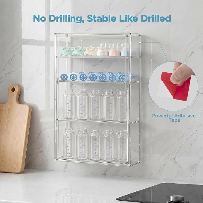 HBlife Baby Bottle Storage Organizer for Wall Countertop Cabinet, 4 Tiers Adjustable Clear Acrylic Bottles Storage Station Case Box Container with 3 Removable Dividers and Magnetic Door, Large - Image 3