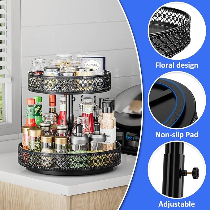 2 Tier Lazy Susan Organizer - Adjustable Rotating Spice Rack 12 inch | Floral Turntable Lazy Susan for Cabinet Pantry Kitchen Countertop Table Top Cupboard Bathroom Vanity Storage Metal Black - Image 4