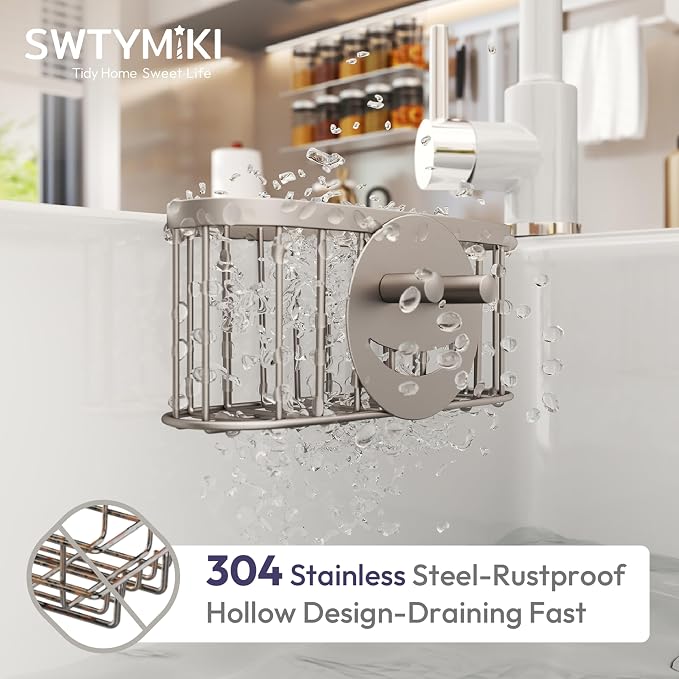 SWTYMIKI Sponge Holder for Kitchen Sink - Movable Sink Caddy with Smiley Face Sponge Holder, Rustproof Hanging Sponge Organizer in Double Bowl Sinks Depth>3.15in, Middle Divider<1.5in, Sand Nickel - Image 5