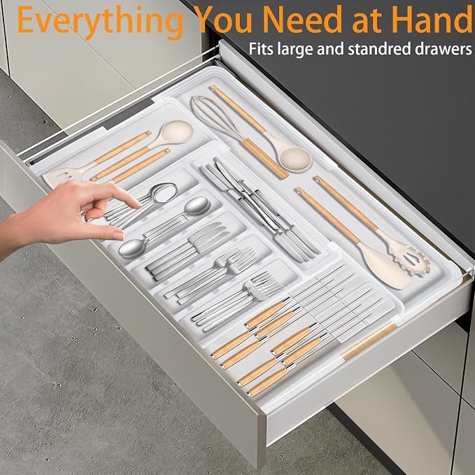 Silverware Organizer for Kitchen Drawer, Expandable Utensil Drawer Organizer with 2 Knife Block, Flatware and Cutlery Holder, Adjustable Plastic Storage for Spoons Forks Knives - Image 9