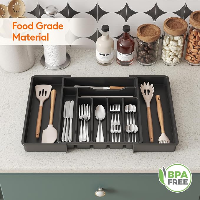 Lifewit Utensil Organizer for Kitchen Drawer, Expandable Cooking Silverware Tray, Adjustable Cutlery Flatware Holder, Plastic Spatula Tools Storage Divider, 13-22.4 x 15", Black - Image 9