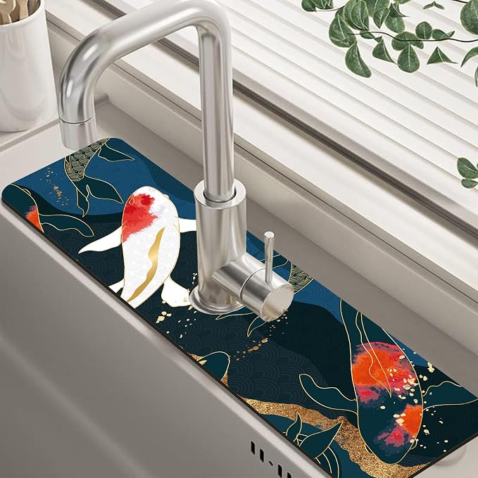 Oriental Japanese Koi Fish Sink Faucet Absorbing Mat Sink Splash Guard Faucet Mat Draining Mat Fast Drying Sink Protectors for Kitchen and Bathroom 5.5"×24" by Unknown