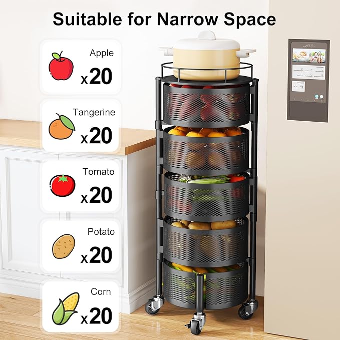 SAYZH 5 Tier Fruit Vegetable Basket Stand for Kitchen, Rotating, Black | Rolling Storage Cart with top lid, Large Metal Wire Rack for Potato and Onion Storage - Image 4