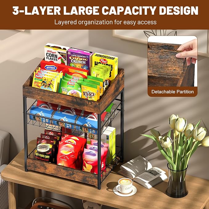 Snack Organizer for Countertop, 6 Adjustable Compartment | 3 Tier Snack Rack Display, Retail Display Shelf for Kitchen, Pantry, Counter, Office, Easy to Install, Brown - Image 4