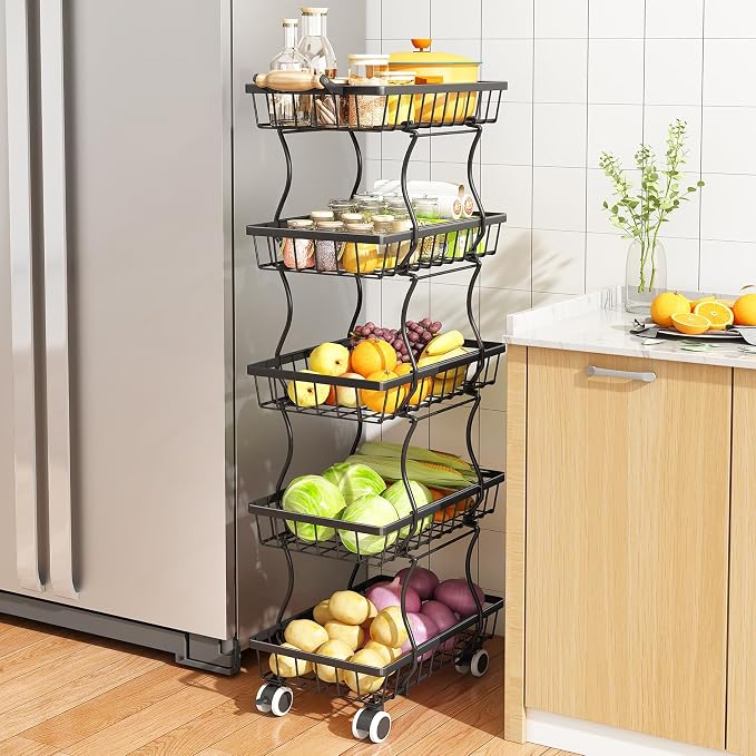 SAYZH 5-Tier Fruit Basket Stand with Vegetable Baskets for Kitchen, Black | Stackable Metal Wire Basket, Sturdy Rolling Storage Carts for Kitchen, Pantry Organizer, Snack and Jar Storage by SAYZH