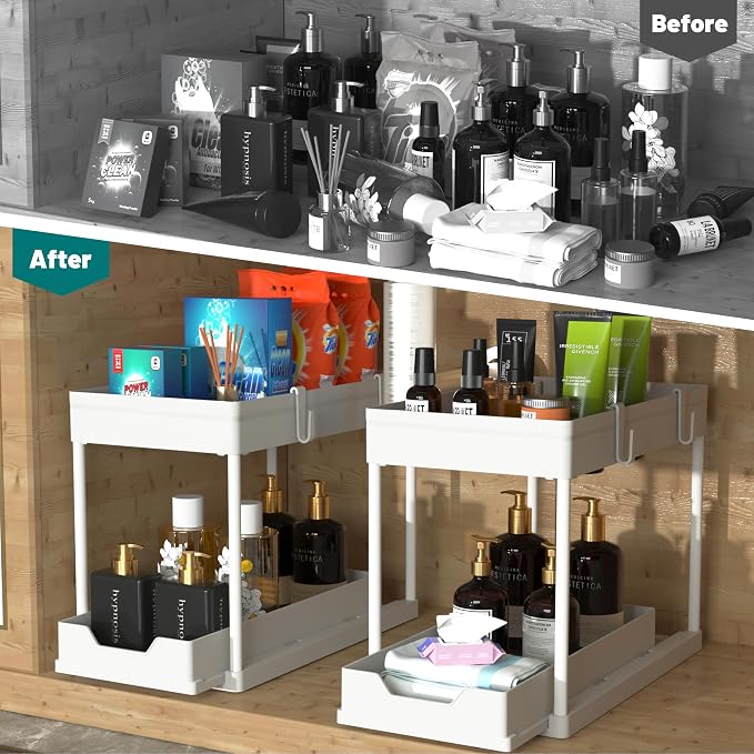 MEAFBIRD 2 Pack Under Sink Organizer, 2 Tier Bathroom Cabinet Organizer with Sliding Basket, Multi-Purpose Under Sink Organizers and Storage for Bathroom Kitchen (White 2 Pack) - Image 2