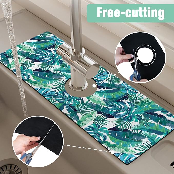 Kitchen Sink Splash Guard Faucet Mat 24" X 5.5" Tropical Leavesl Absorbent Fast Drying Mat Faucet Draining Mat Sink Splash Guard Behind Faucet Drip Catcher for Kitchen Bathroom - Image 5