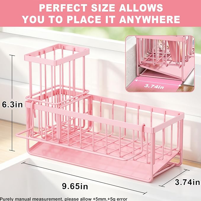 Sponge Holder for Kitchen Sink, Kitchen Sink Caddy, Kitchen Sink Sponge Holder, Dish Sponge Holder, Kitchen Sink Organizer for Sponge, Dish Brush, Scrubber(9.65" x 3.74" x 6.3", Pink) - Image 2