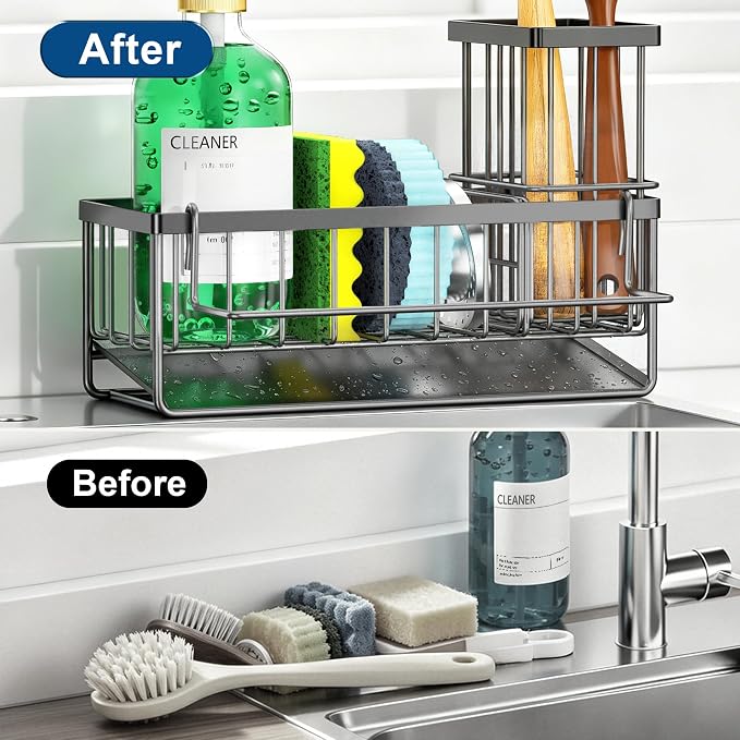 Sponge Holder for Kitchen Sink, Kitchen Sink Caddy, Kitchen Sink Sponge Holder, Dish Sponge Holder, Kitchen Sink Organizer for Sponge, Dish Brush, Scrubber(9.65" x 3.74" x 6.3", Dark gray) - Image 5