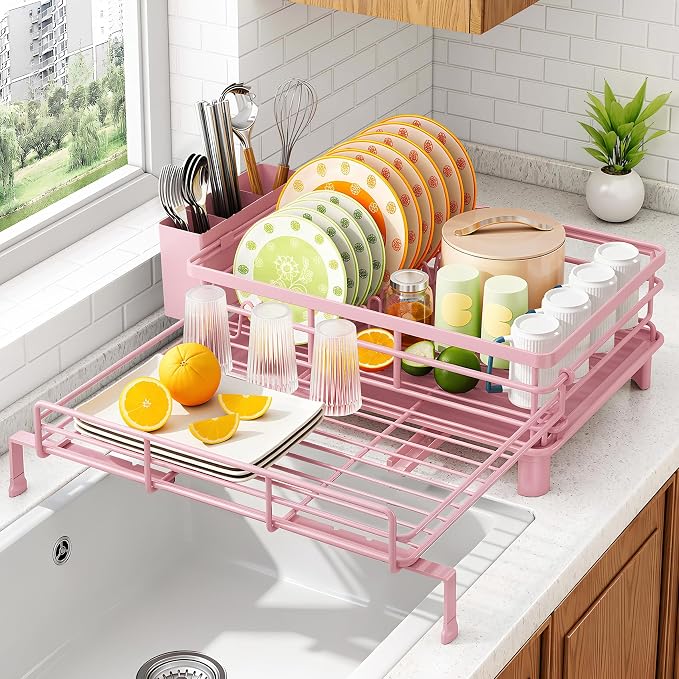 SAYZH Expandable Dish Drying Rack for Kitchen Counter, Metal, Pink | Foldable Over Sink, Large Capacity, Rust-Resistant, Adjustable for Most Sinks, Automatic Drainage, Removable Utensil Holder by SAYZH